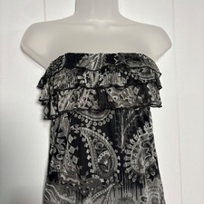 Y2K VTG Whimsigoth Paisley Ruffle Maxi Dress Black Grey Coastal Boho Beach Sheer