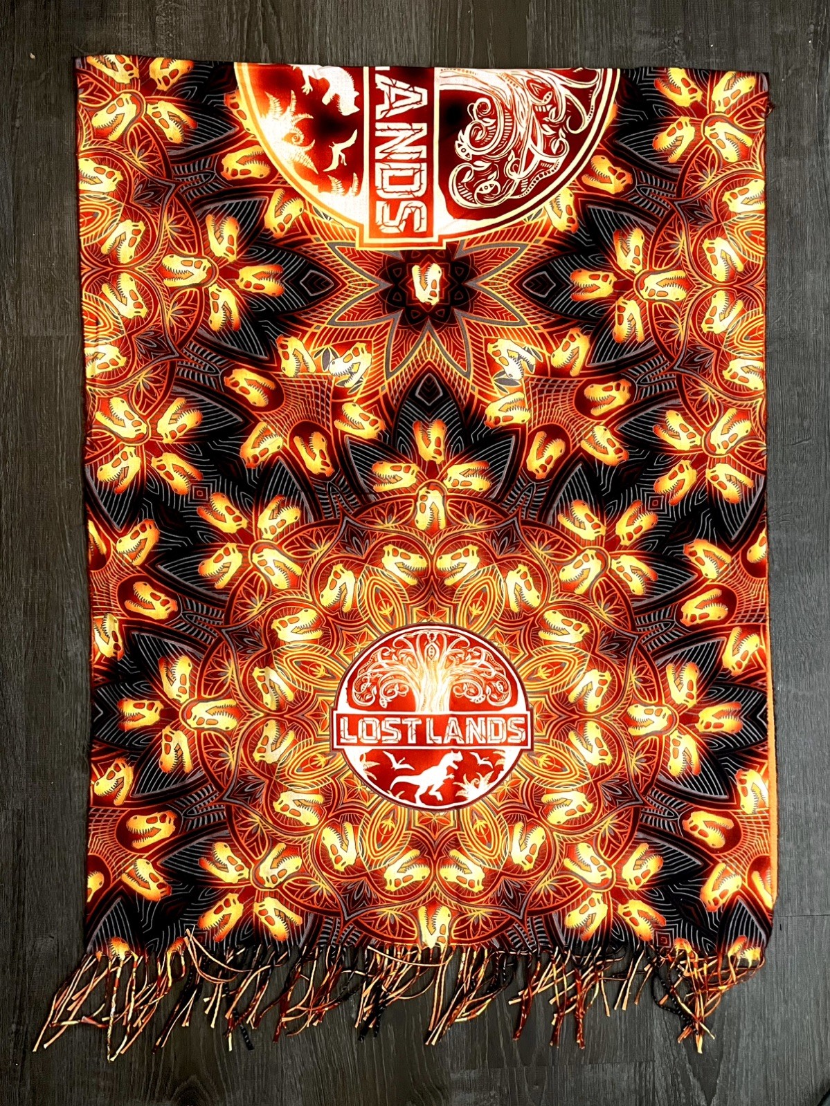 Excision Lost Lands Glamping Exclusive 2023 Pashmina Orange Red Dino Pattern