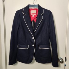 Banana Republic Navy Blue Knit Blazer Sz 6 White Crested Buttons Trim Red Liner