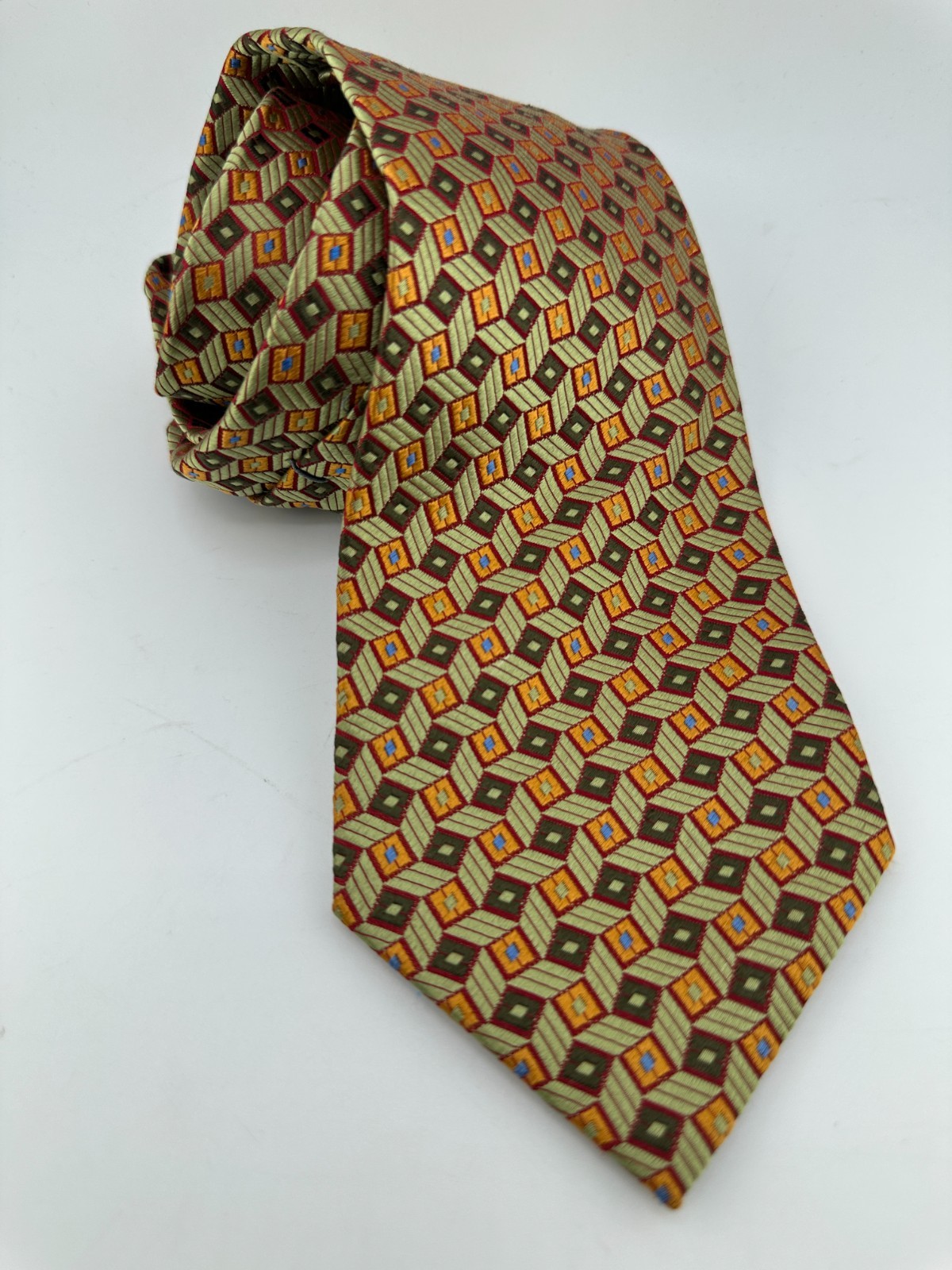 Jhane Barnes Silk Necktie Green Gold Geometric Pattern Made in USA