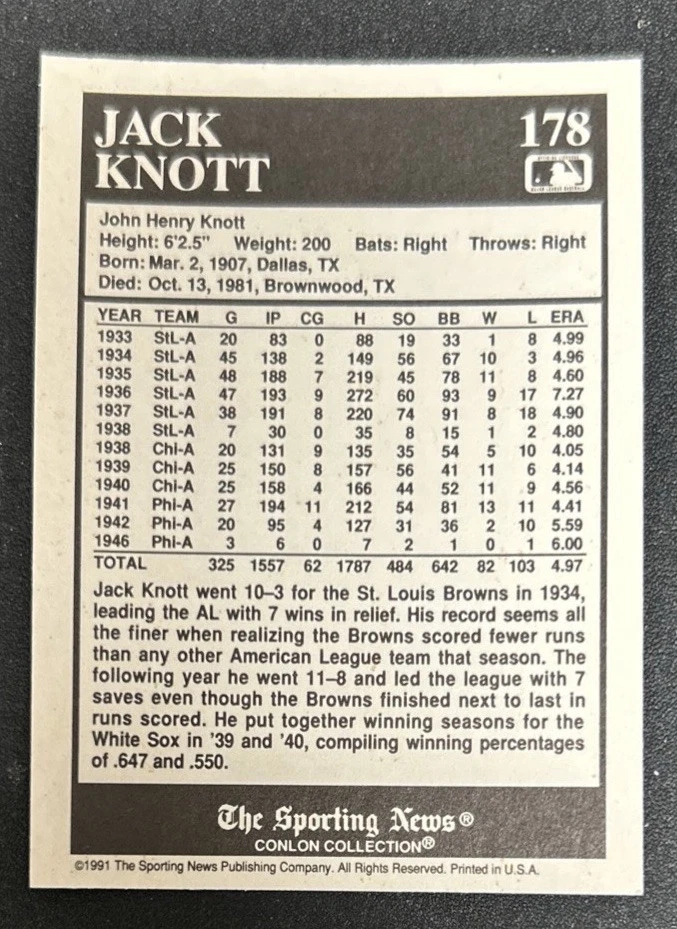 1992 The Sporting News Conlon Collection Jack Knott Card #178 Browns Pitcher VG - Image 2 of 2