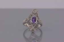 Sterling Silver 26mm Purple Amethyst Marcasite Art Deco Band Ring 7g 925 Sz: 7