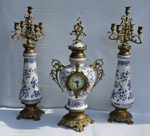 Delft Blue And White Clock Set Graniture Timepiece Movement Impressive Size 80cm - Picture 11 of 24