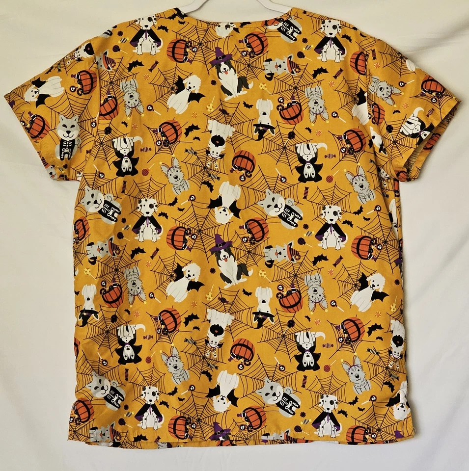 Ladies Halloween Theme Pattern on Yellow Hip Pockets Medical Wear by Serene Sz L - Image 2 of 4