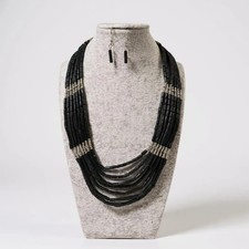 Multi Layers Black Wooden Bead Silver Tone Bead Necklace Earring Set