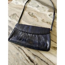 Vintage Genuine Eel Skin Navy Blue Shoulder Bag Clutch Glossy 80s