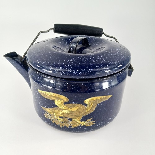Antique Metal Blue Enamel Teapot Retro Home Decor Eagle Decal Kettle with Lid