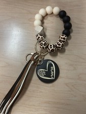 Mama Leopard Black Cream Wooden/Silicone Beaded Wristlet Keychain With Tassel