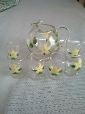 FEDERAL GLASS PITCHER AND 6 GLASSES JUICE SET YELLOW FLOWERS EXCELLENT CONDITION