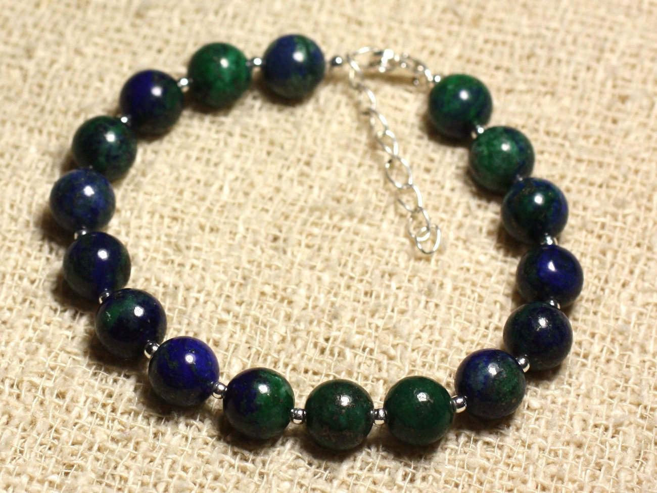 Bracelet en chrysocolle 8mm et argent 925 véritable pour femme
