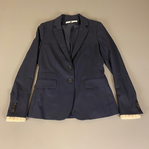 Veronica Beard Navy Blue Virgin Wool Blend Blazer Womens Size 2 Knit Cuff Detail