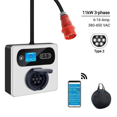Portable EV Wallbox Charger, Type 2 with CEE Red Plug, 380-450 VAC, 11kW 3-phase