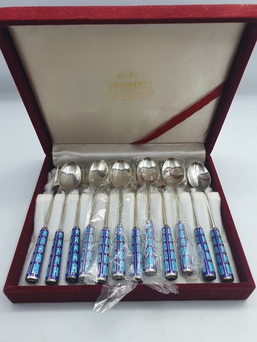 Korean 12 Pc Spoon Fork Set - Cloisonne Enamel Handles- 70%, 99% Silver - 第 6/17 張圖片