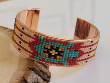 Native American Style Copper Seed Beaded Bracelet Cuff Turquoise Turtle