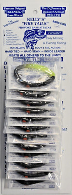 Kelly's  Bass Worms Fire Tail  Black/Chartreus 12PK Pre-Rigged Scented Anise USA