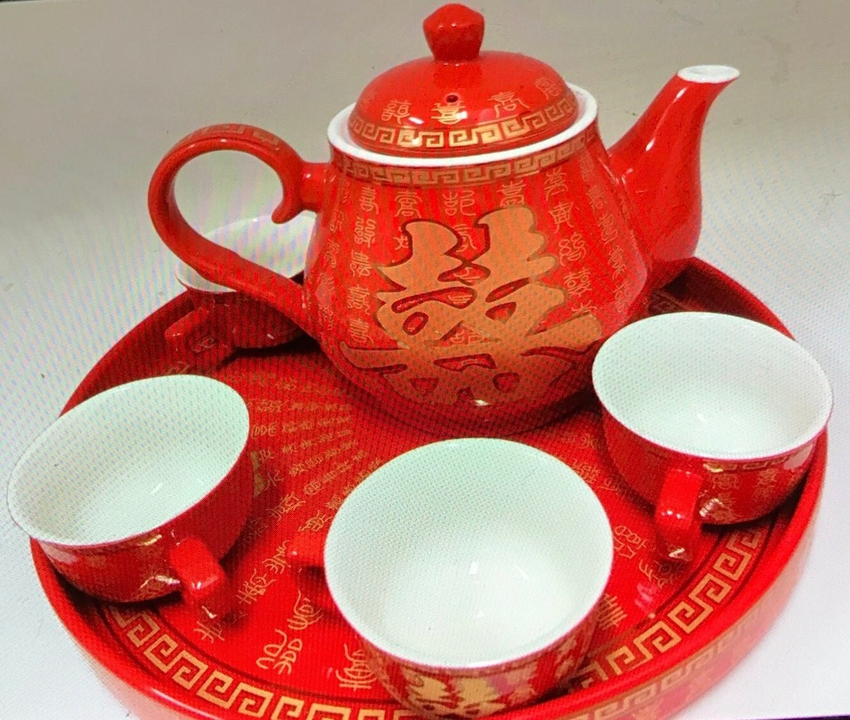 Double Happiness Hundreds of Blessings Red Tea Set Chinese Wedding Tea  Ceremony