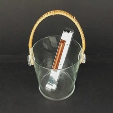 Vintage Mid Century Glass Ice Bucket w/ Wicker Wrapped Handle and ECKO Ice Tongs