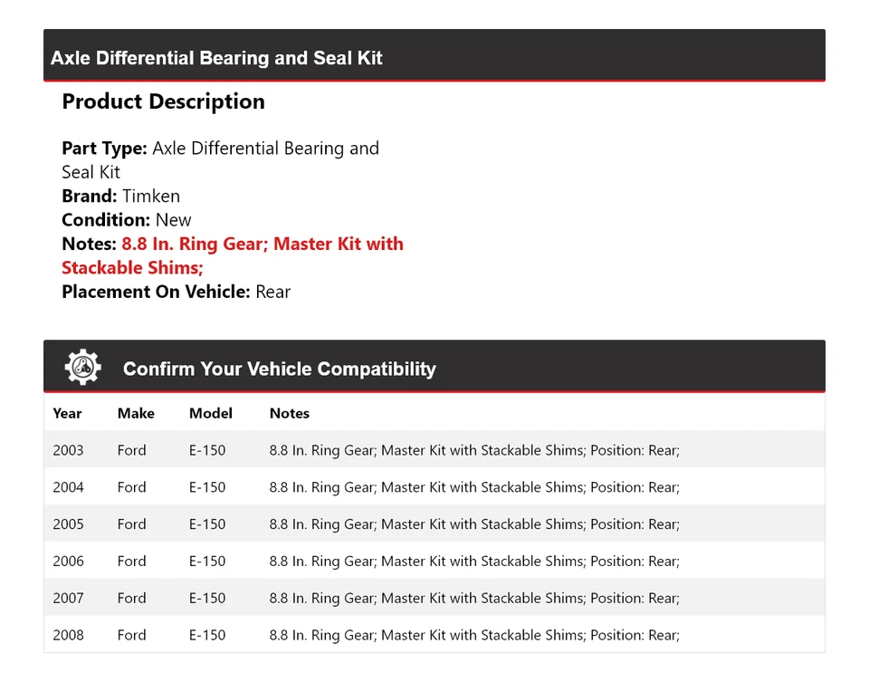 Kit de cojinete y sello diferencial eje trasero Timken 2004 para Ford E-150 2003-2008 Foto 2 de 3