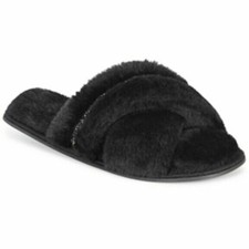 INC Womens Size Medium 7 8 Faux-Fur Crossband Slide Slippers Black Silver Trim