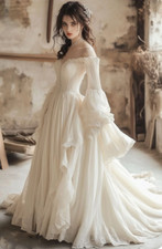 Vintage White Ivory Tulle Wedding Dresses Long Sleeves Off the Shoulder Bridal