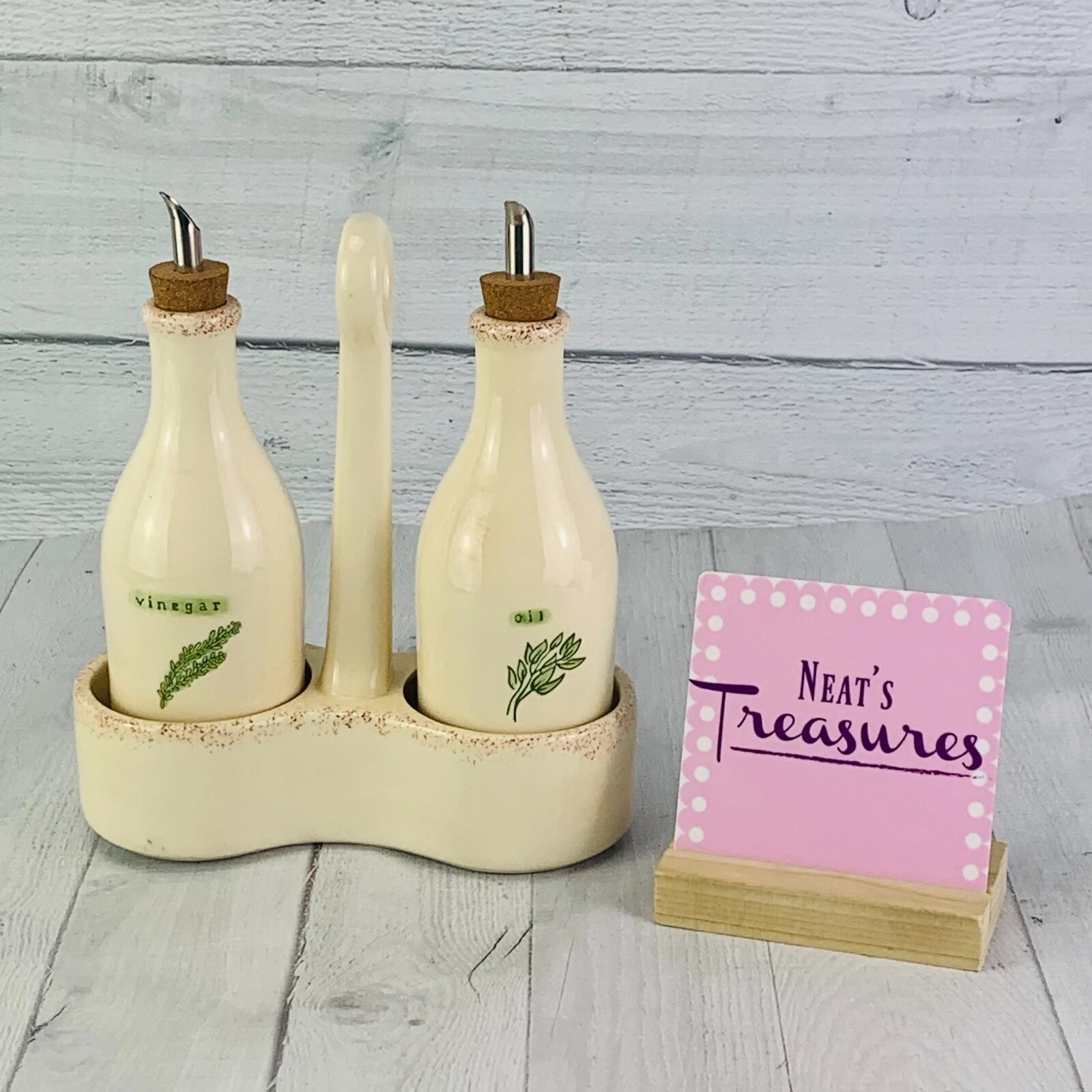 World Market Cream Reddish Brown Accent Stoneware Oil Vinegar Bottle With Holder