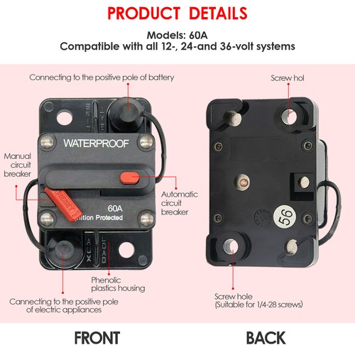 Marine Grade Inline 12 Volt 60 Amp Power Circuit Breaker Manual Reset Audio - Picture 5 of 9