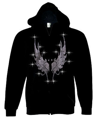 Men Zip Up Hoodie Sweater Bling Bling Rhinestone Fire Wings Thick Zip-Up S to 3X