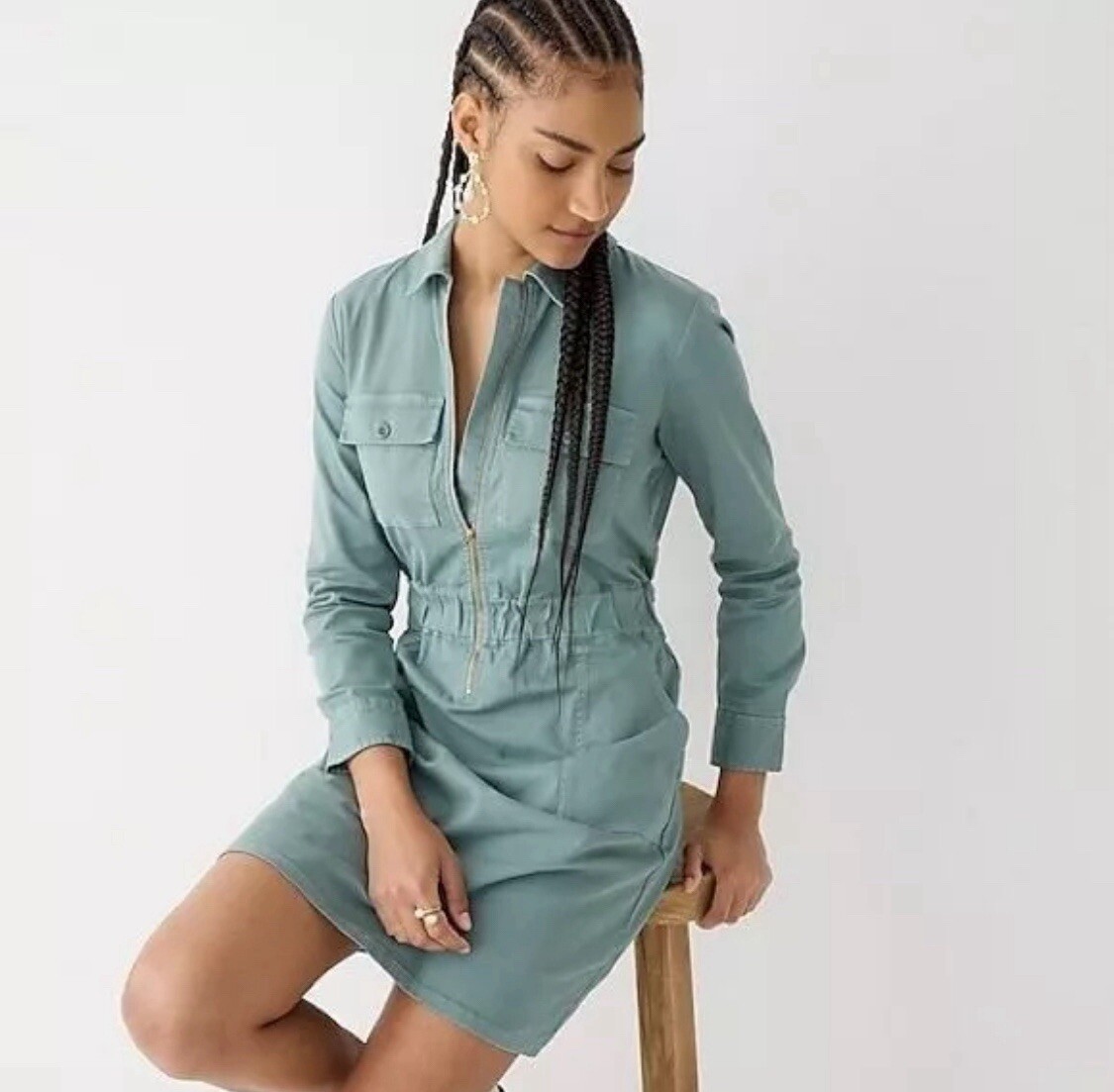 J. Crew Long-Sleeve Zip-Front Chino Dress in Faded Fatigue Sage Women’s Size 8