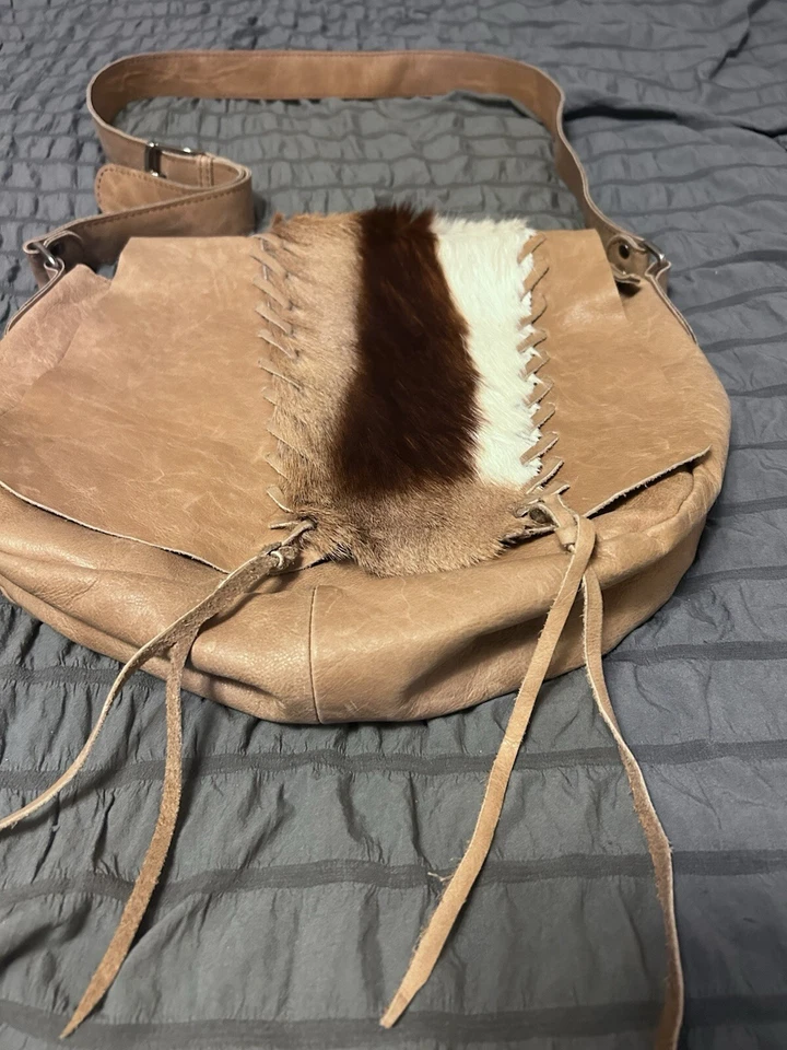 KULU Messenger Handbag Leather Springbok Fur Luxury Bag Purse Animal Tan 12x12 - Image 3 of 4
