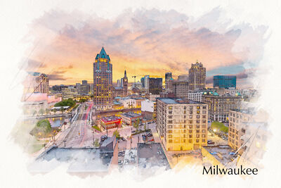 Milwaukee skyline sketch watercolor canvas, Milwaukee Canvas, Milwaukee wall ar
