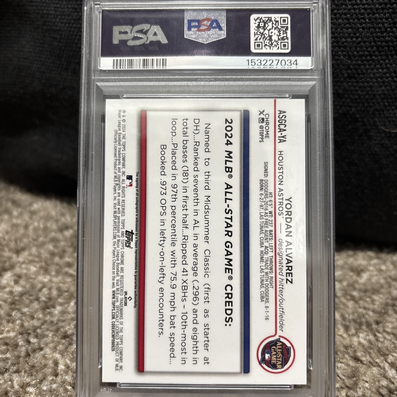 Yordan Alvarez - 2024 Topps Chrome Update AS Game Gold Auto /25 - PSA 10 POP 3 view 2