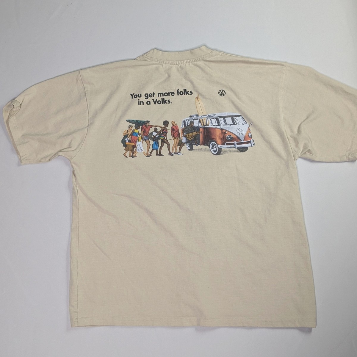 Volkswagen VW Bus "You Get More Folks In A Volks" T-Shirt Tan Men's Size Large