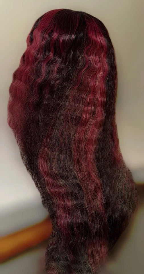 Hermosa y única peluca de cabello humano cosplay/única, 28 pulgadas, roja, rubia, negra, onda corporal, Foto 3 de 4