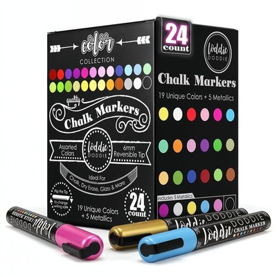 Chalk Markers - Pack of 24, 6mm Reversible Tips - Liquid Chalk Pens for Glass...