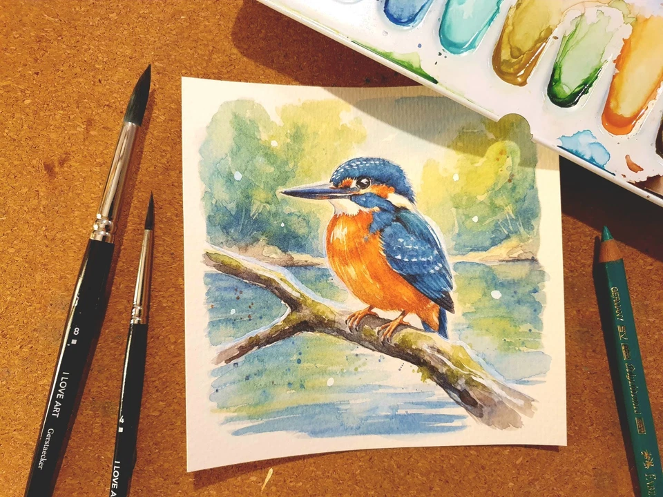 Aquarell Eisvogel, handgemaltes Bild 13x13cm mit Eisvogel, Unikat - Bild 1 von 4