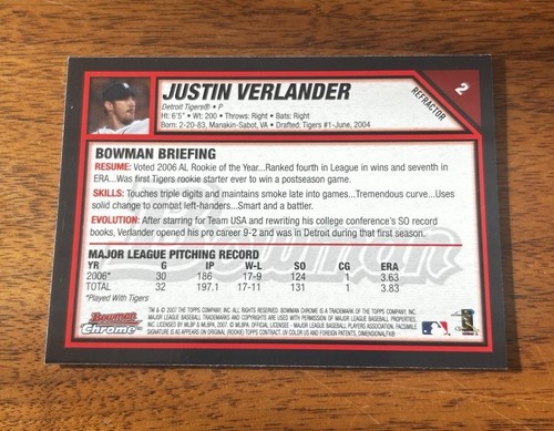 2007 Bowman Chrome Refractor #2 Justin Verlander Tigers Astros - Picture 2 of 2