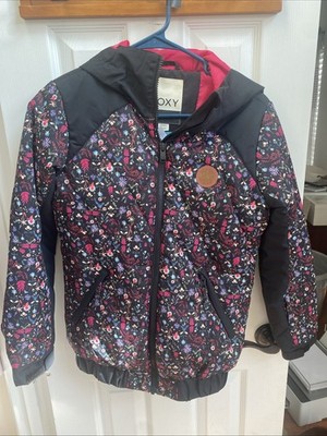 Roxy Girls Ski Coat Large (12) Multicolor Black Pink Flowers Ski Board Hood