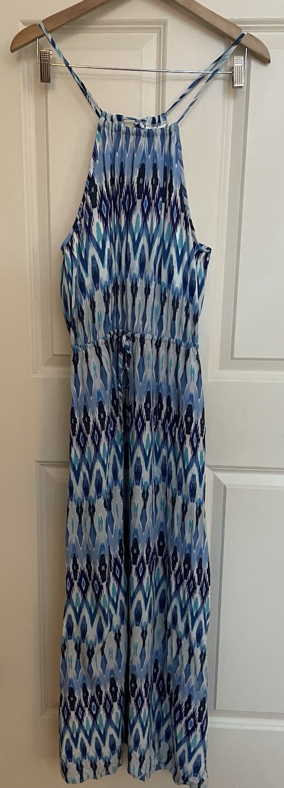 Athleta Blue Ikat Sunset Maxi Halter Dress Sz Small Resortwear Vaca Beach Flowy