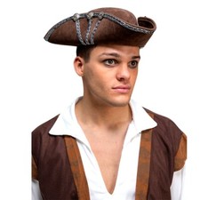 DELUXE PIRATE HAT Brown Unisex Silver Trim Fancy Dress Buccaneer Pirates Hat