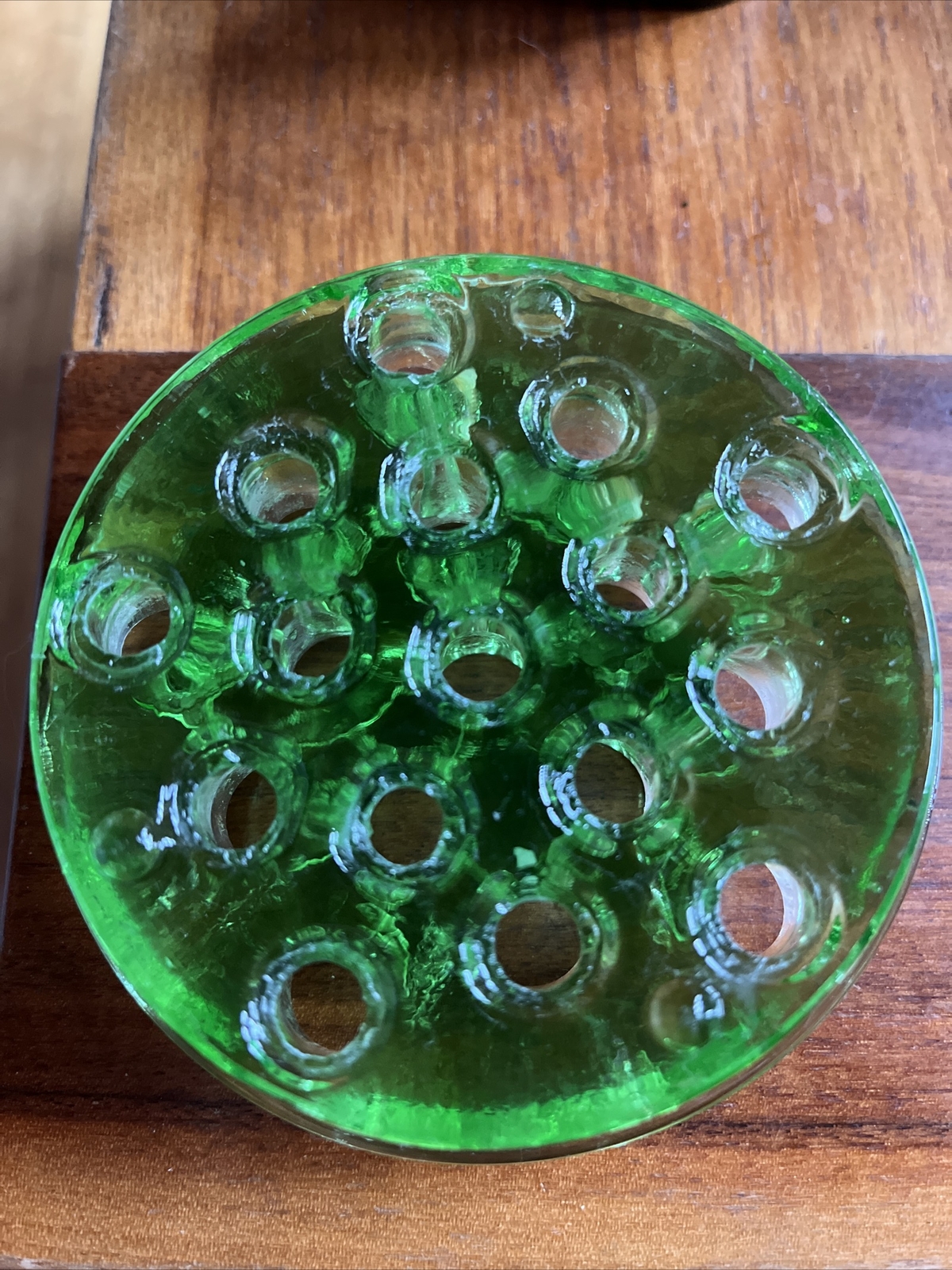 VINTAGEUranium Green GlassFlower Frog16 Holes 2 eBay