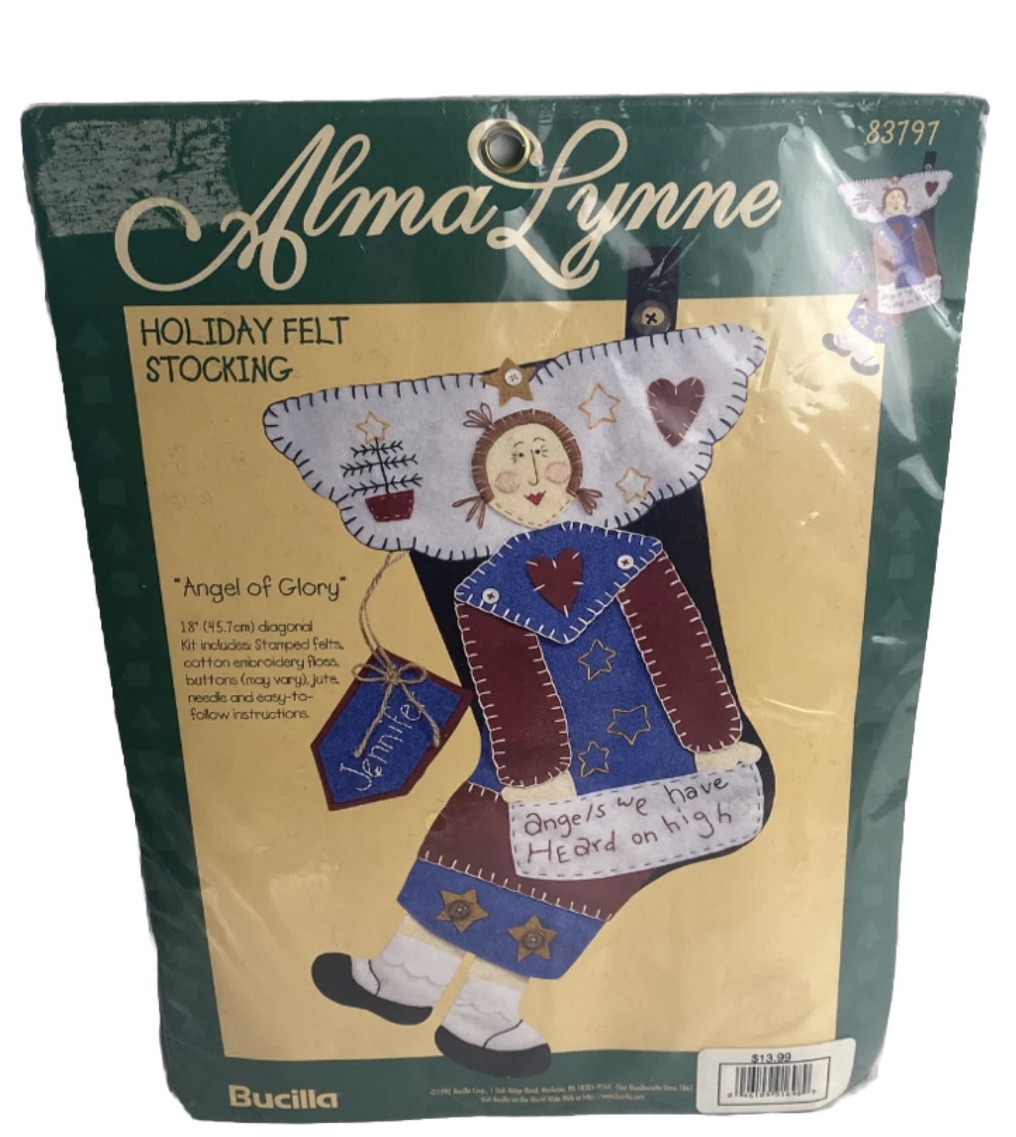 BUCILLA Alma Lynne ANGEL Of GLORY Felt Applique STOCKING KIT Primitive Christmas