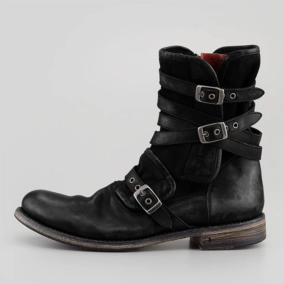Mens Punk Zip Buckle Strap Ankle Boots Outdoor Military Combat Biker Boots - Image 2 of 4