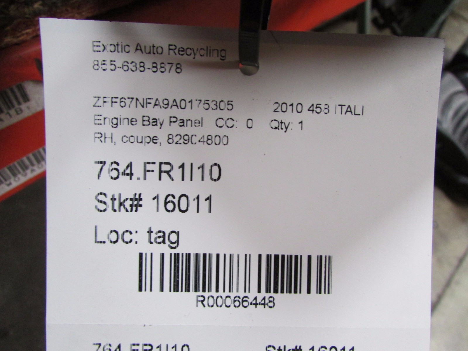 Ferrari 458 Italia Coupe, RH, Right Rear Engine Bay Panel, Used, P/N 82904800