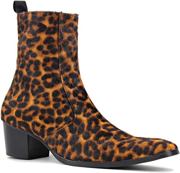 OSSTONE Men\'s Chelsea Leather Pony Hair Leopard Ankle Boots, Size 7.5, In Silver OSSTONE Men main image 2