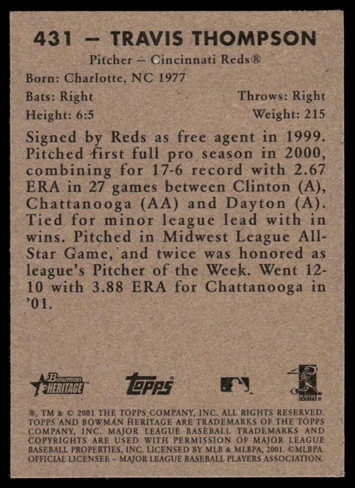 2001 Bowman Heritage #431 Travis Thompson - Image 2 of 2