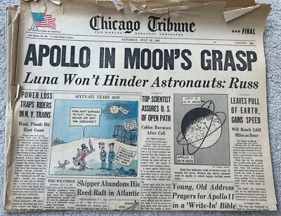 APOLLO IN MOON'S GRASP July 19, 1969 Chicago Tribune Original Newspaper Front Pg