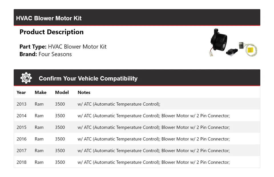Комплект двигателя вентилятора для 2013–2018 Ram 3500 4 сезона 2014 2015 2016 2017 - Изображение 2 из 3