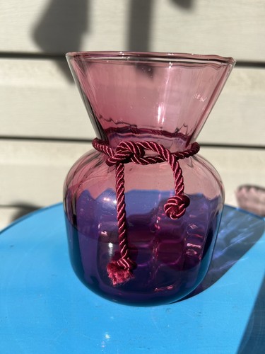 Vintage Pilgrim Glass Pink Cranberry Glass Sac Vase 6" Rope Detail No 1845 Retro