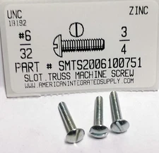 #6-32x3/4 Truss Head Slotted Machine Screws Steel Zinc Plated (100)