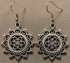 GEOMETRIC FLOWER EARRINGS, Ornate Border - Pewter with Sterling Silver Ear Wires
